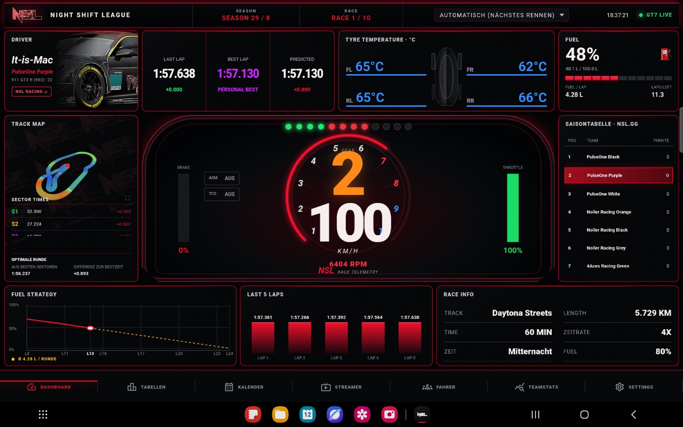 NSL App dashboard on tablet